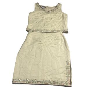 Donna Morgan 2 Piece Set Women's Size 14 Tan Sleeveless Skirt Set Linen Embroid